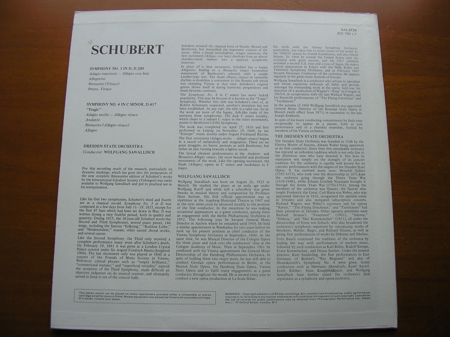 SCHUBERT: SYMPHONIES Nos. 3 & 4     SAWALLISCH / DRESDEN STATE ORCHESTRA    SAL 3726