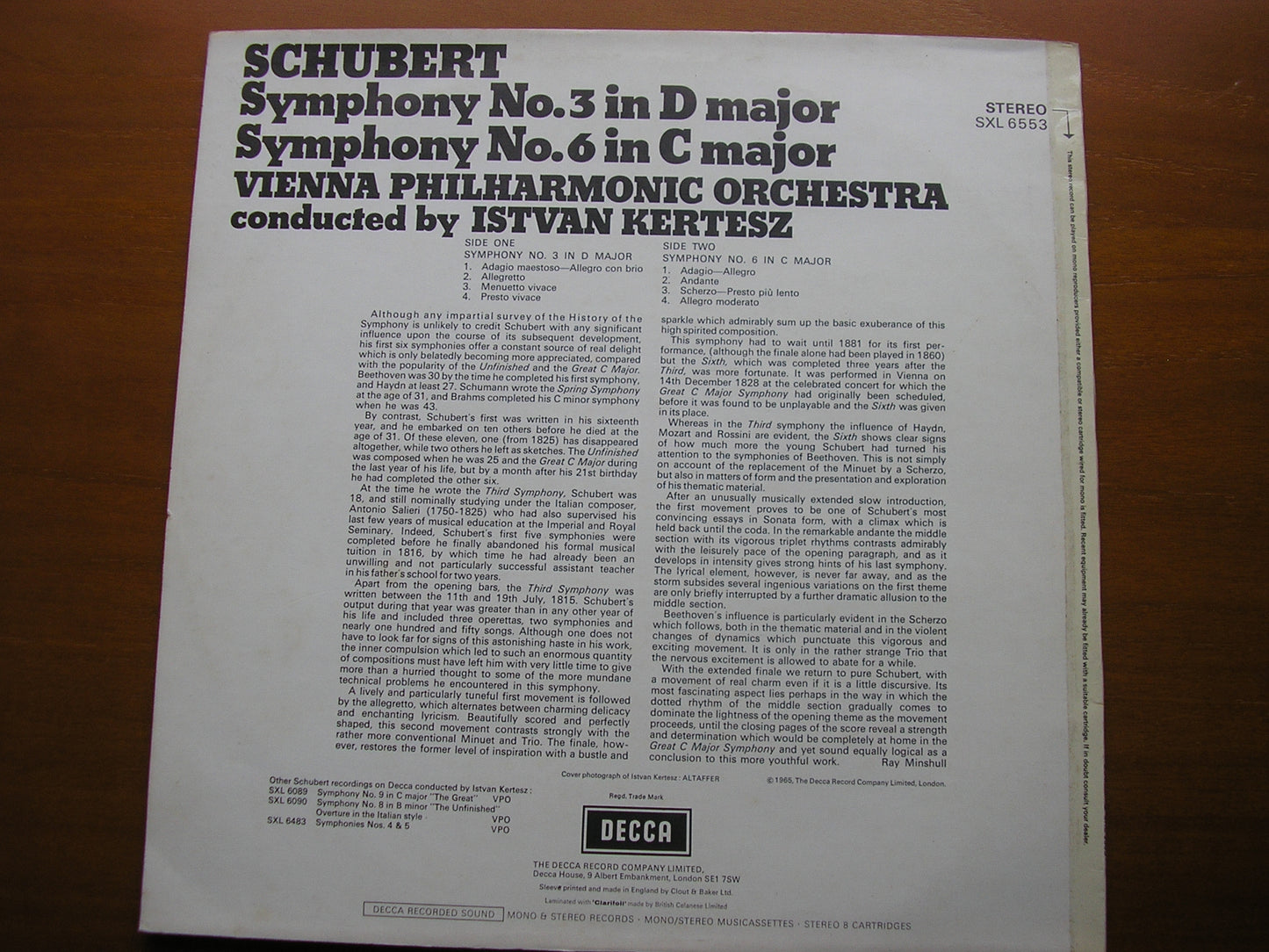 SCHUBERT: SYMPHONIES Nos. 3 & 6       KERTESZ / VIENNA PHILHARMONIC     SXL 6553