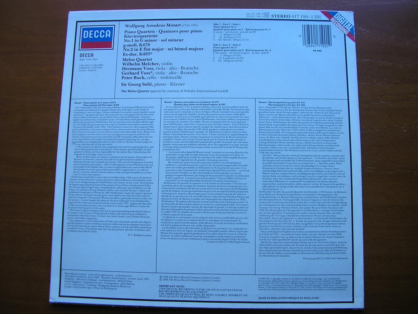 MOZART: PIANO QUARTETS Nos. 1 & 2     GEORG SOLTI / MELOS QUARTET     417 190