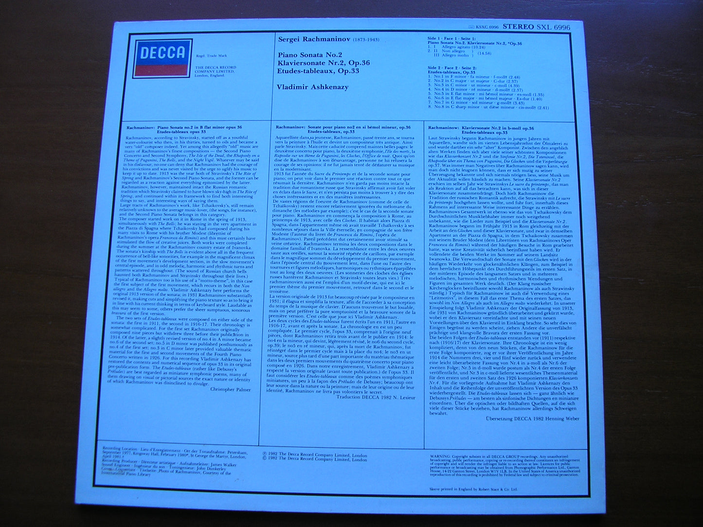 RACHMANINOV: PIANO SONATA No. 2 / ETUDES TABLEAUX Op. 33     VLADIMIR ASHKENAZY     SXL 6996