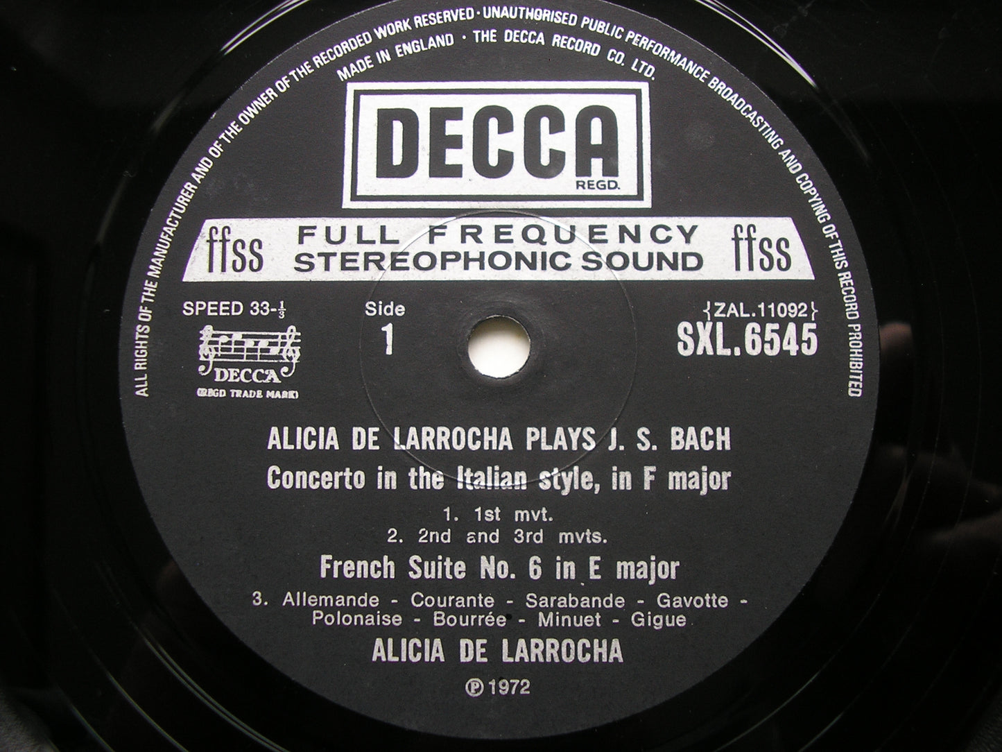 ALICIA DE LARROCHA PLAYS BACH: ITALIAN CONCERTO / FANTASIA / FRENCH SUITE No. 6 / ENGLISH SUITE No. 2        SXL 6545