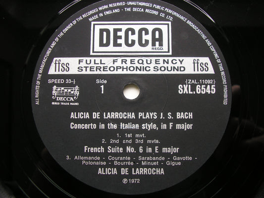 ALICIA DE LARROCHA PLAYS BACH: ITALIAN CONCERTO / FANTASIA / FRENCH SUITE No. 6 / ENGLISH SUITE No. 2        SXL 6545