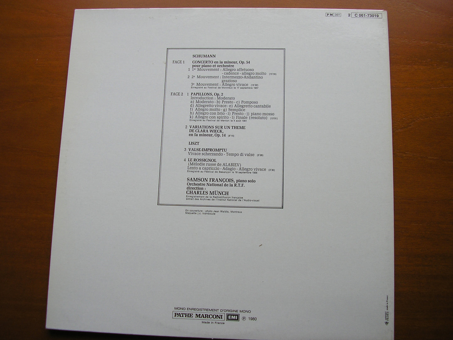 SCHUMANN: PIANO CONCERTO / PAPILLONS / WIECK VARIATIONS / LISZT: VALSE-IMPROMPTU     FRANCOIS / FRENCH RADIO ORCHESTRA / MUNCH    061 73019