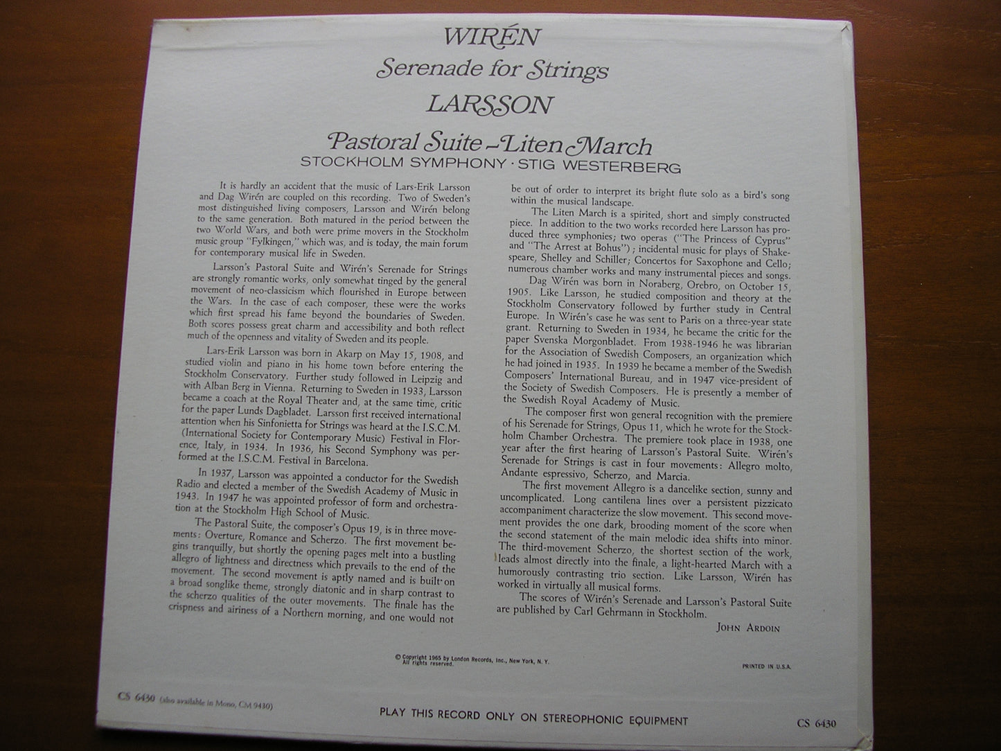 WIREN: SERENADE / LARSSON: PASTORAL SUITE / LITEN MARCH      WESTERBERG / STOCKHOLM PHILHARMONIC     CS 6430