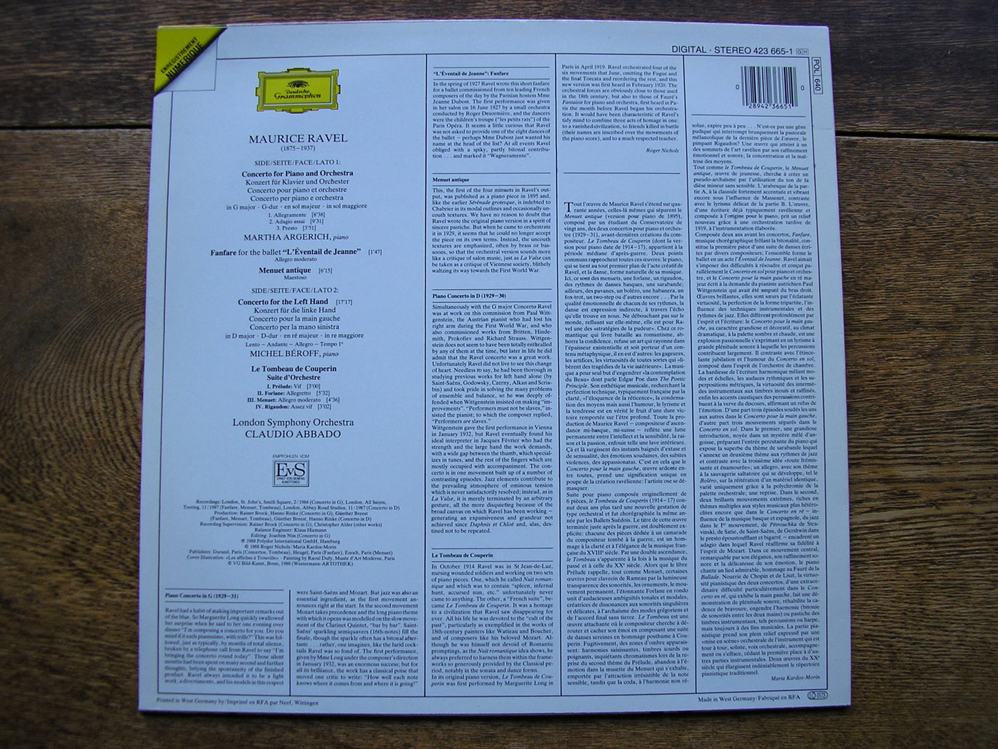 RAVEL: PIANO CONCERTOS / MENUET / LE TOMBEAU   ARGERICH / BEROFF / LSO / ABBADO  423 665