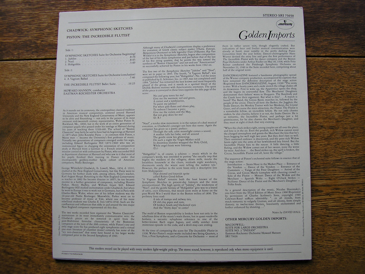 PISTON: THE INCREDIBLE FLUTIST / CHADWICK: SYMPHONIC SKETCHES  HOWARD HANSON / EASTMAN - ROCHESTER   SRI 75050