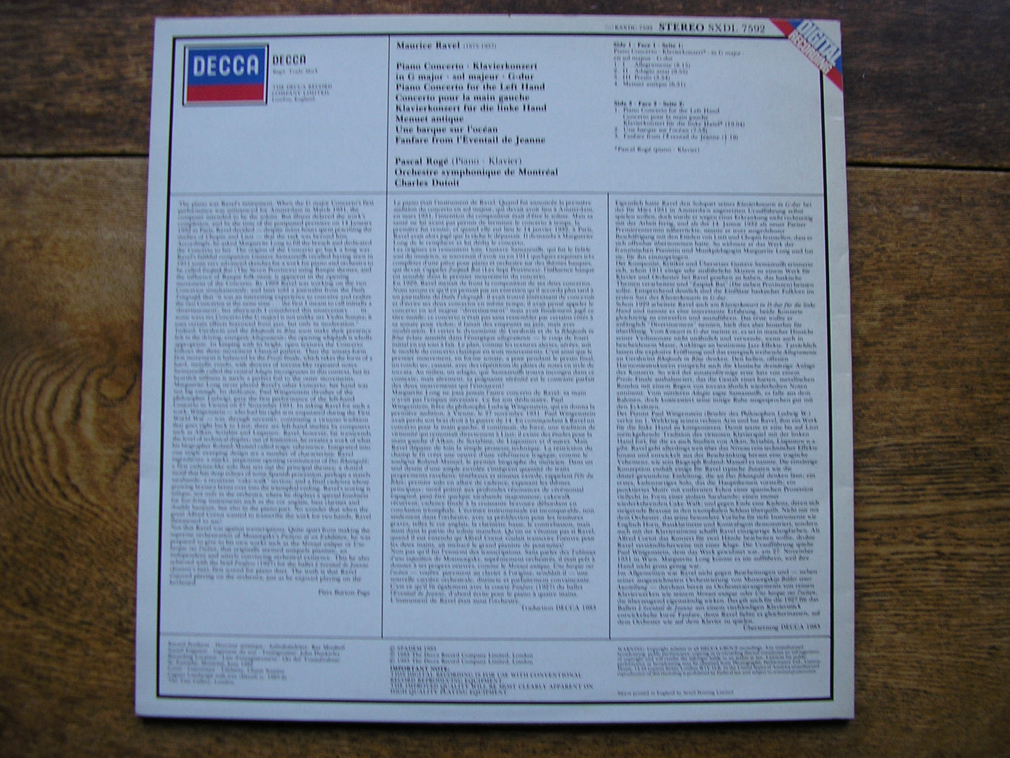 RAVEL: PIANO CONCERTOS / MENUET / UNE BARQUE   ROGE / MONTREAL SYMPHONY / DUTOIT   SXDL 7592