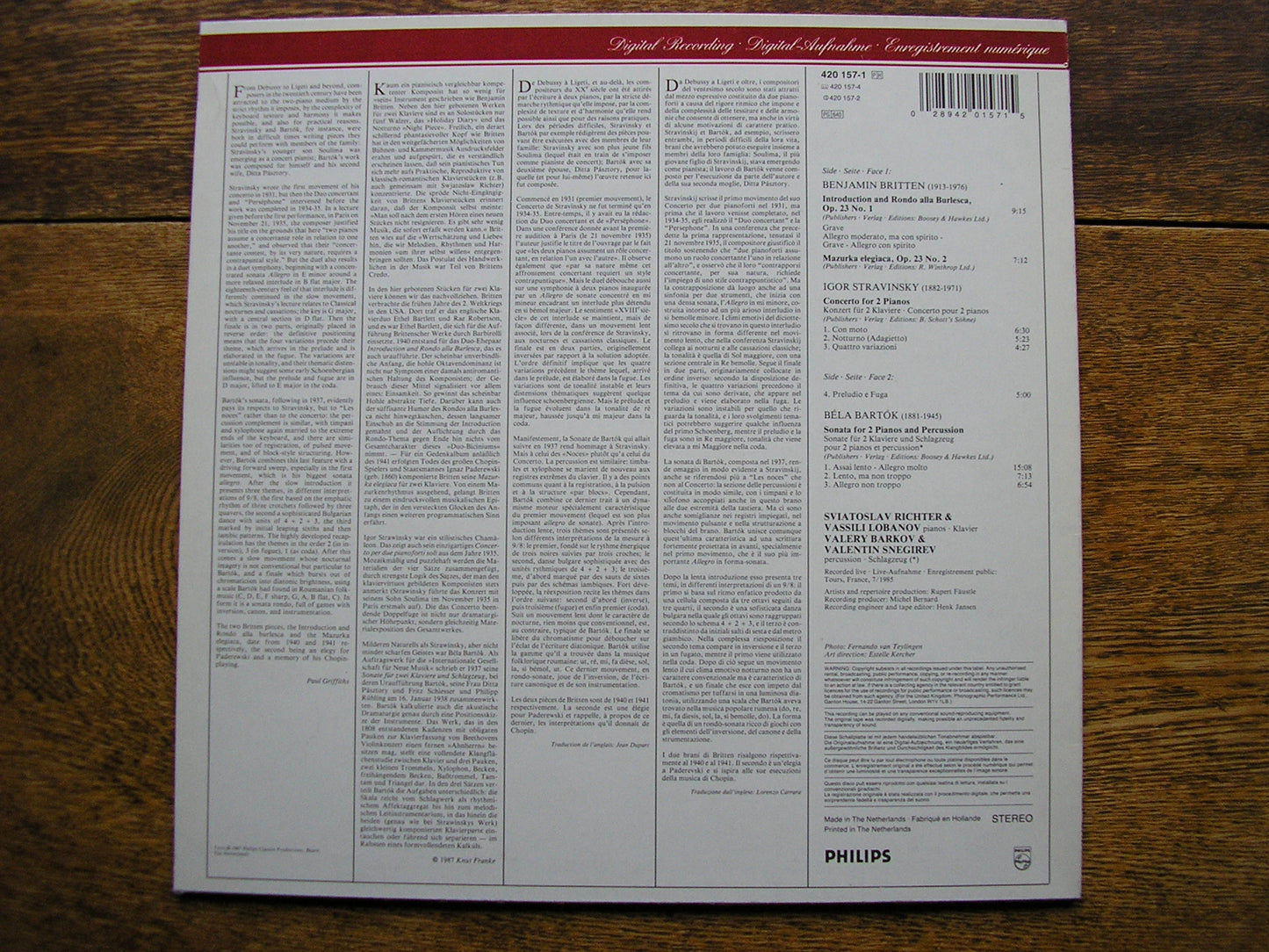 STRAVINSKY/BARTOK/BRITTEN: WORKS FOR 2 PIANOS   RICHTER / LOBANOV  420 157