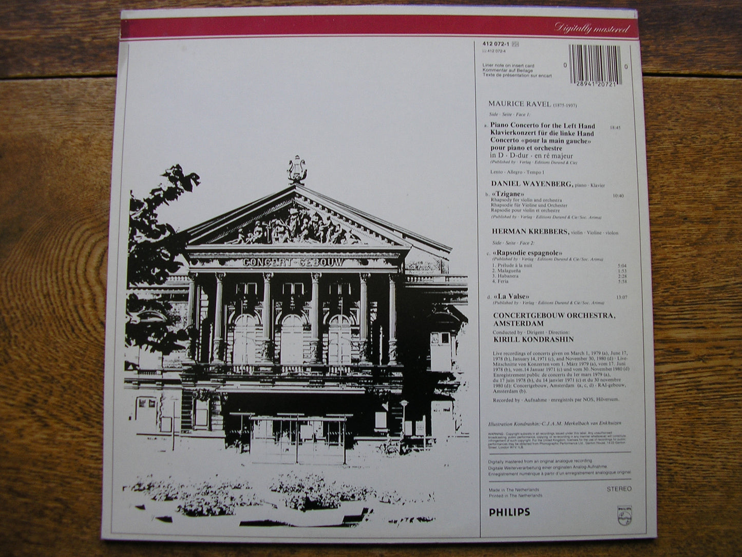 RAVEL: PIANO CONCERTO FOR THE LEFT HAND / LA VALSE / TZIGANE / RAPSODIE   WAYENBERG / COA / KONDRASHIN  412 072