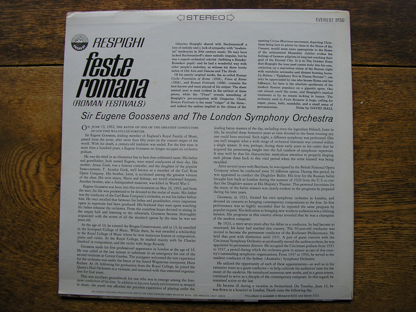 RESPIGHI: FESTE ROMANE   GOOSSENS / LONDON SYMPHONY  EVEREST 3150