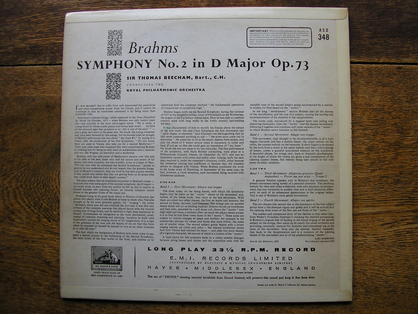 BRAHMS: SYMPHONY No. 2   BEECHAM / ROYAL PHILHARMONIC  ASD 348