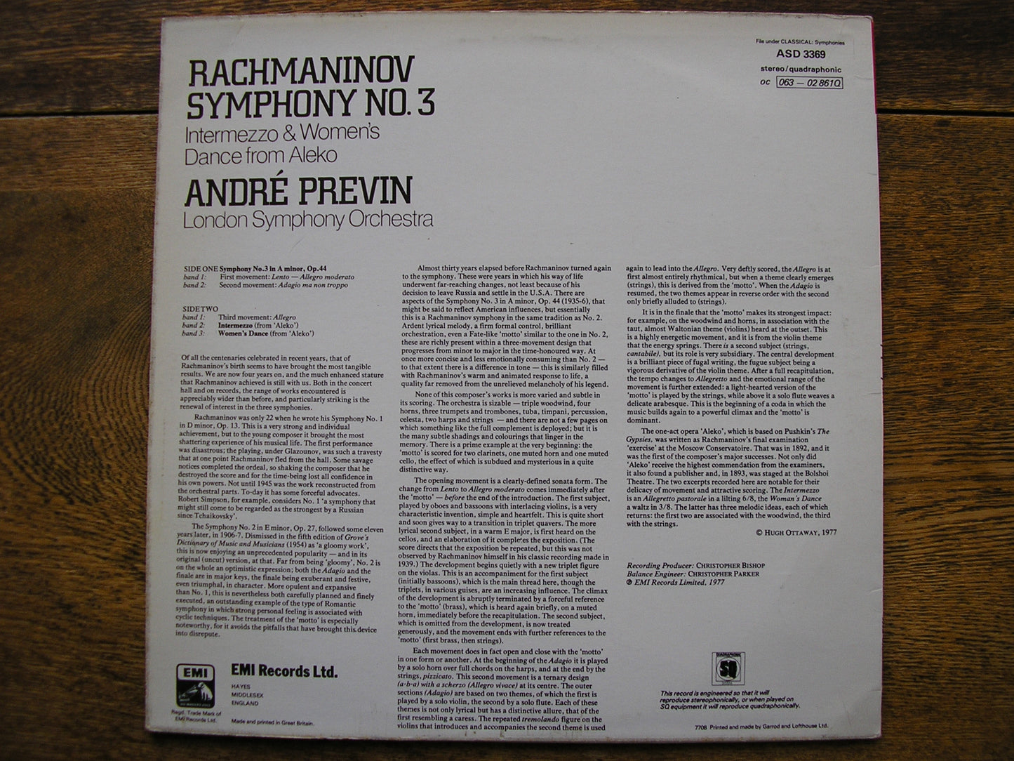 RACHMANINOV: SYMPHONY No. 3   PREVIN / LONDON SYMPHONY   ASD 3369