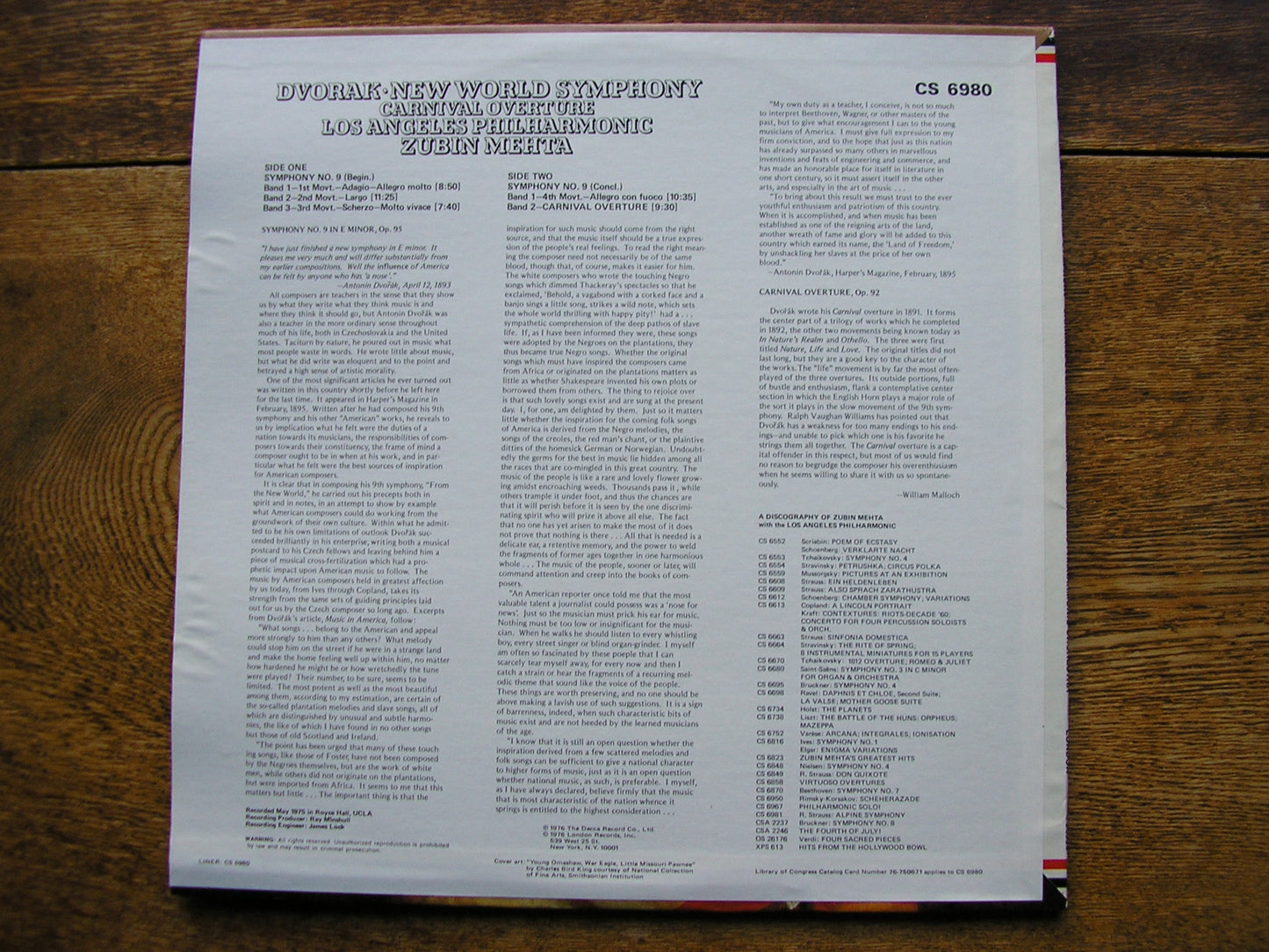 DVORAK: SYMPHONY No. 9 / CARNIVAL OVERTURE    ZUBIN MEHTA / LOS ANGELES PHILHARMONIC   CS 6980