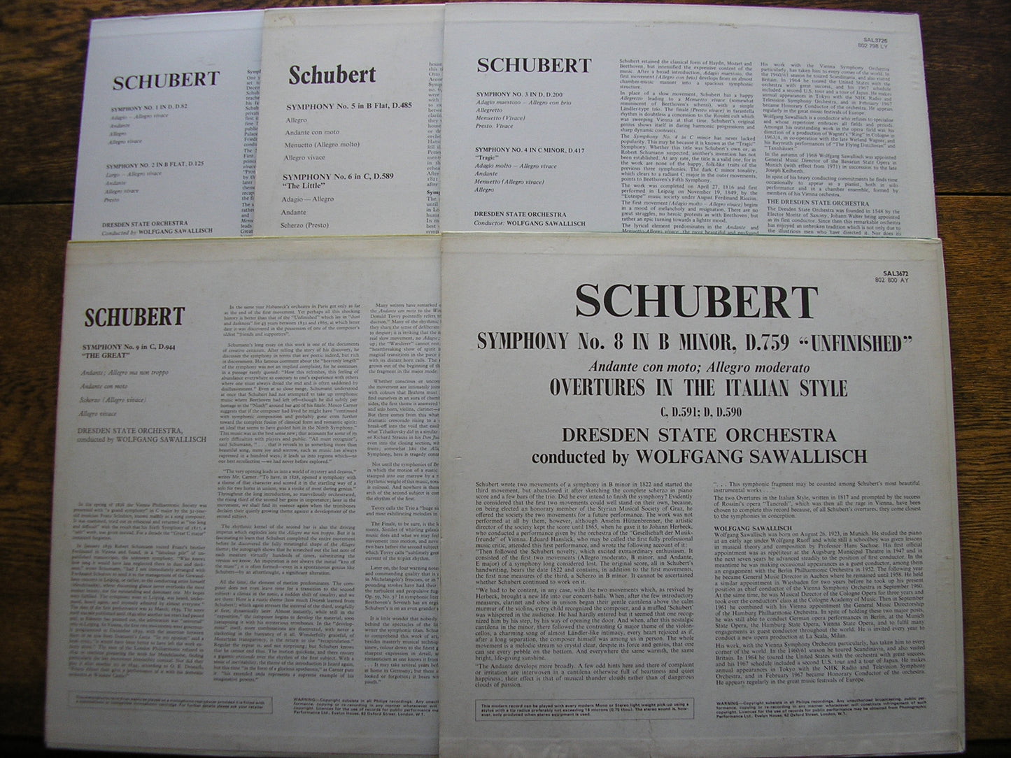 SCHUBERT: THE SYMPHONIES / TWO OVERTURES    SAWALLISCH / DRESDEN STATE ORCHESTRA   PHILIPS 5 LP