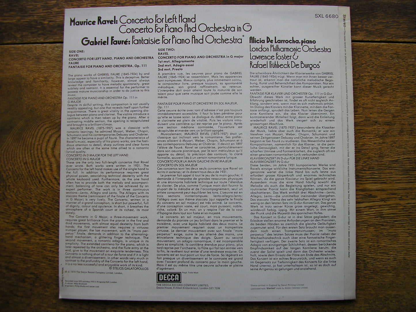 RAVEL: PIANO CONCERTOS / FAURE: FANTAISIE  DE LARROCHA / LONDON PHILHARMONIC  / FOSTER / DE BURGOS  SXL 6680