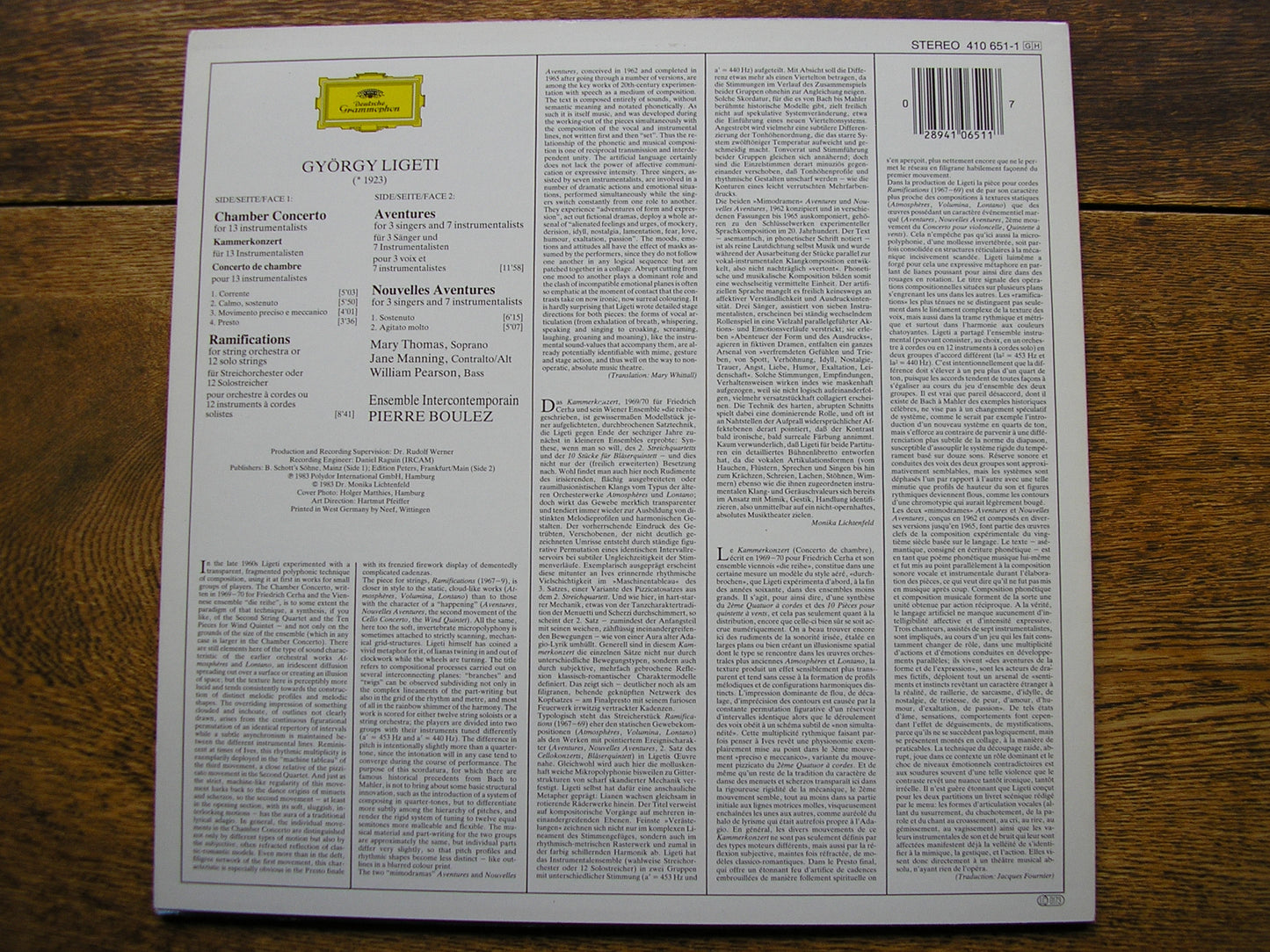 LIGETI: CHAMBER CONCERTO / RAMIFICATIONS / AVENTURES   BOULEZ / ENSEMBLE INTERCONTEMPORAIN  410 651