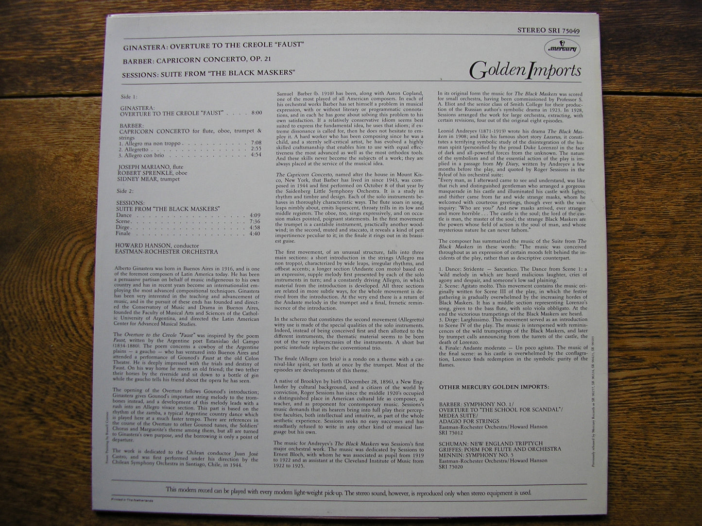 BARBER: CAPRICORN CONCERTO / GINASTERA: OVERTURE / SESSIONS: SUITE  HOWARD HANSON / EASTMAN - ROCHESTER   SRI 75049