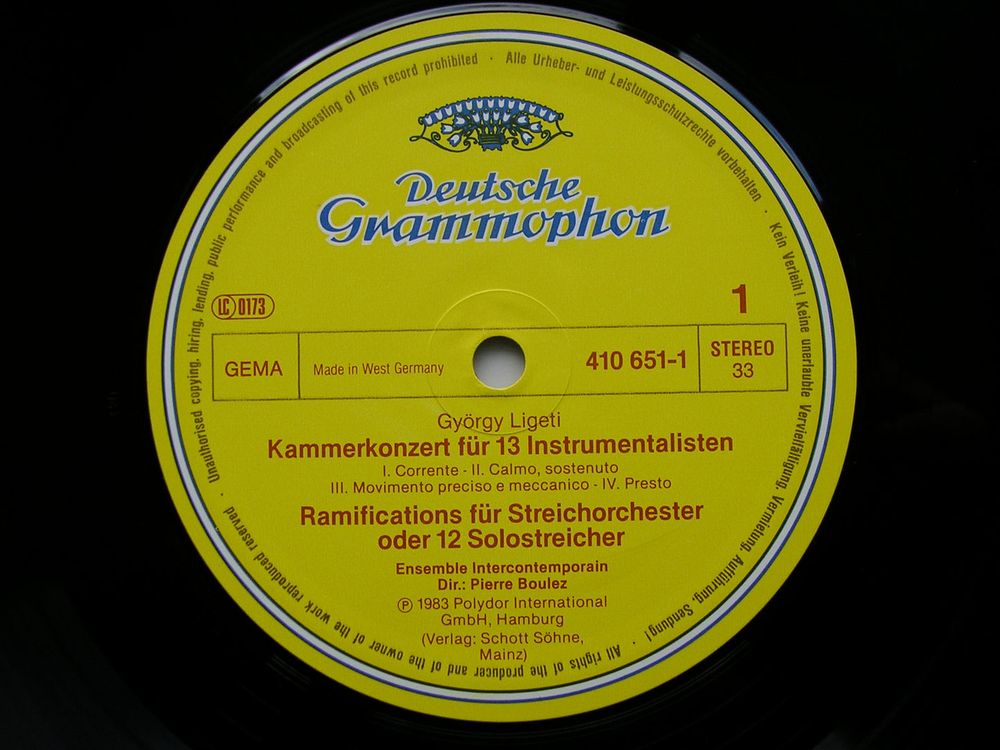 LIGETI: CHAMBER CONCERTO / RAMIFICATIONS / AVENTURES   BOULEZ / ENSEMBLE INTERCONTEMPORAIN  410 651