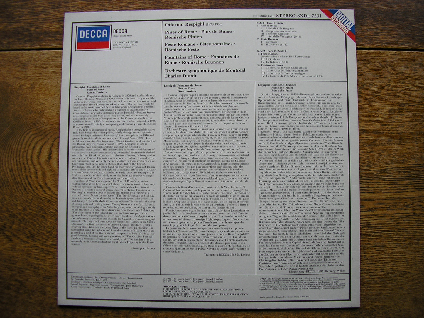 RESPIGHI: PINES OF ROME / FOUNTAINS OF ROME / ROMAN FESTIVALS  DUTOIT / MONTREAL SYMPHONY  SXDL 7591