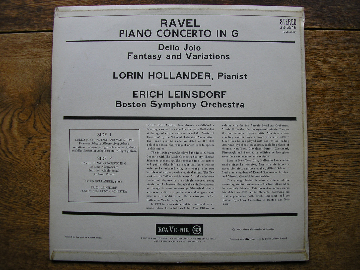 RAVEL: PIANO CONCERTO in G / DELLO JOIO: FANTASY & VARIATIONS  HOLLANDER / BOSTON SYMPHONY / LEINSDORF  SB 6546