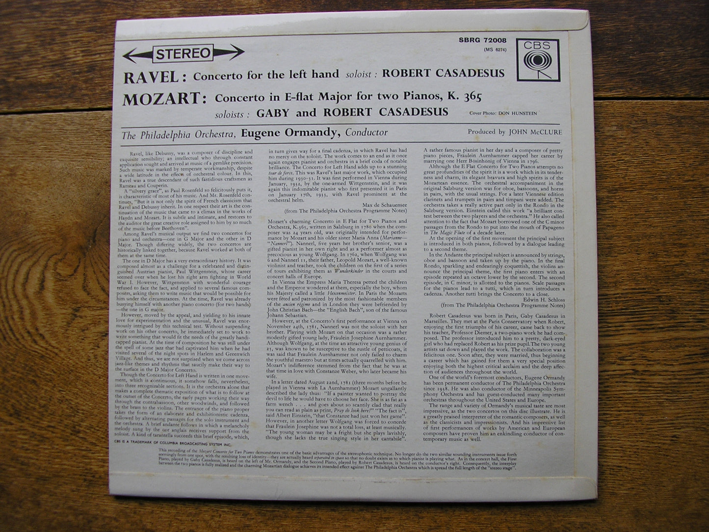 RAVEL: CONCERTO FOR THE LEFT HAND / MOZART: CONCERTO K365    CASADESUS / PHILADELPHIA / ORMANDY    SBRG 72008