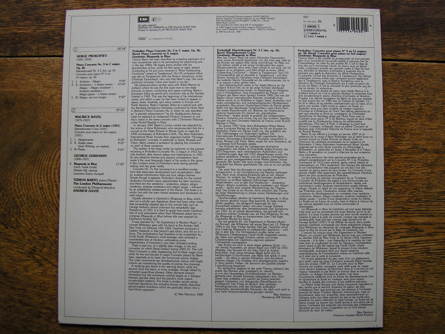 RAVEL: PIANO CONCERTO in G / PROKOFIEV: CONCERTO No. 3 / GERSHWIN: RHAPSODY  BARTO / LPO / DAVIS   EL 749495