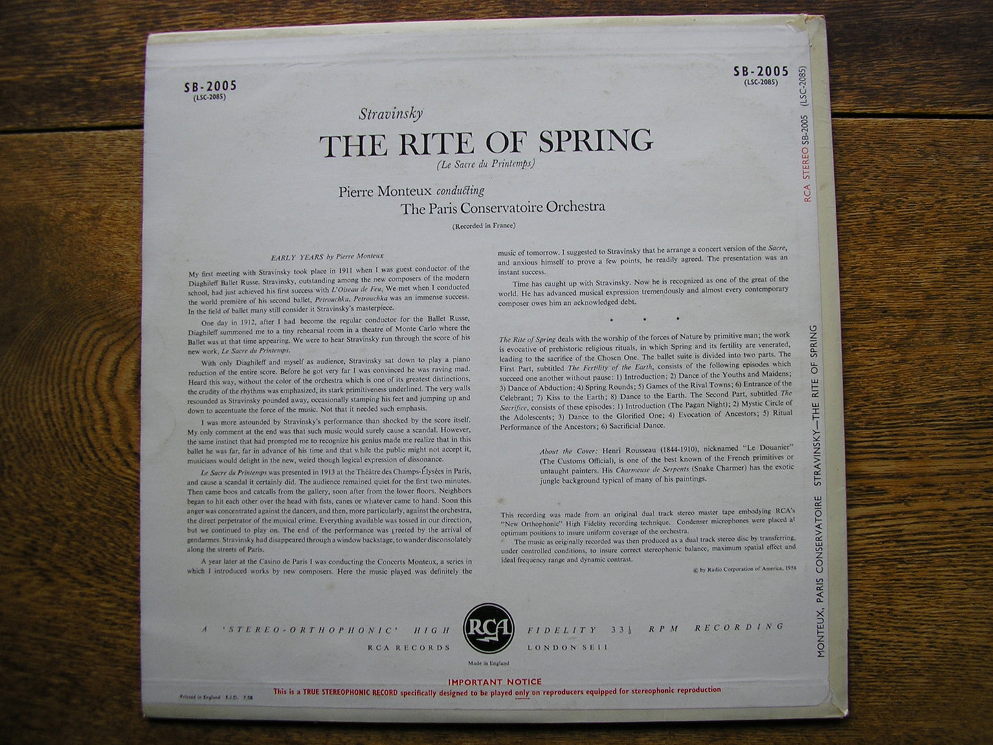 STRAVINSKY: THE RITE OF SPRING  MONTEUX / PARIS CONSERVATOIRE  SB 2005