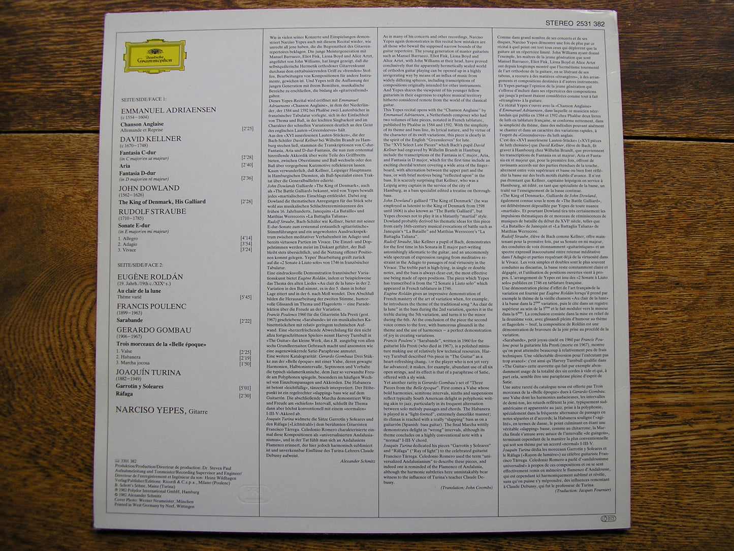 GUITAR MUSIC OF FIVE CENTURIES   NARCISO YEPES   2531 382