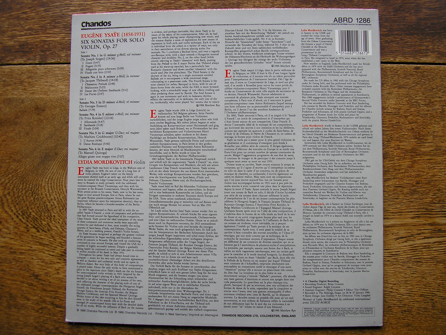 YSAYE: SIX SONATAS FOR SOLO VIOLIN   LYDIA MORDKOVITCH   ABRD1286