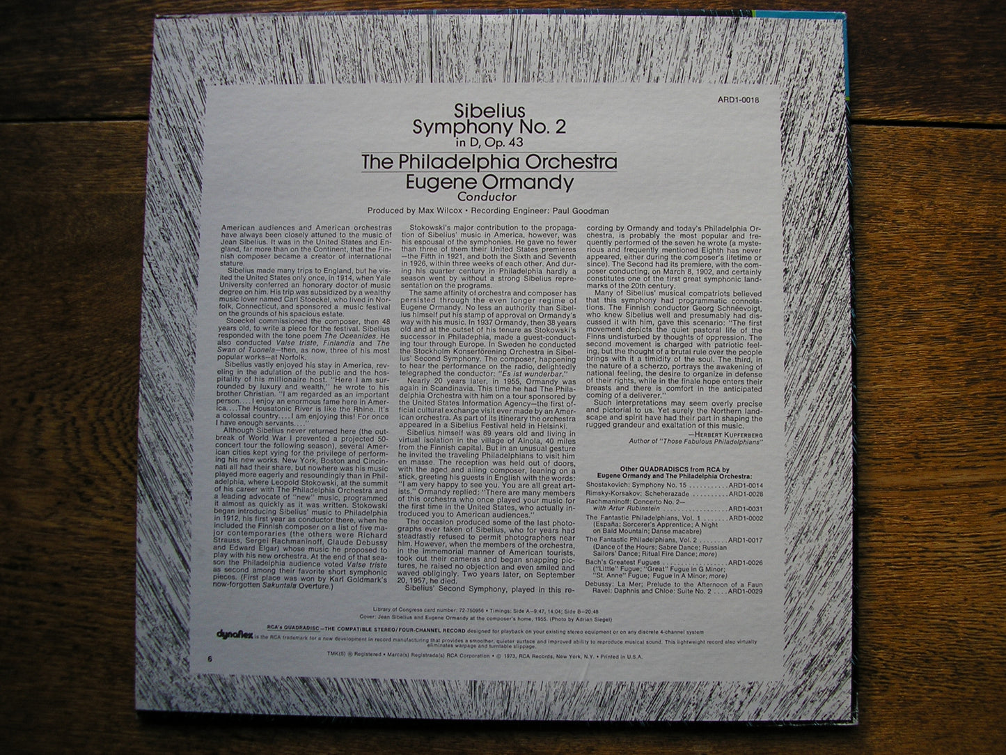 SIBELIUS: SYMPHONY No. 2  ORMANDY / PHILADELPHIA ORCHESTRA  ARD1-0018