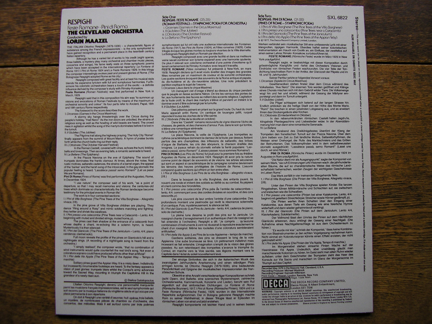 RESPIGHI: PINES OF ROME / ROMAN FESTIVALS   MAAZEL / CLEVELAND ORCHESTRA   CLASSIC RECORDS/DECCA SXL 6822