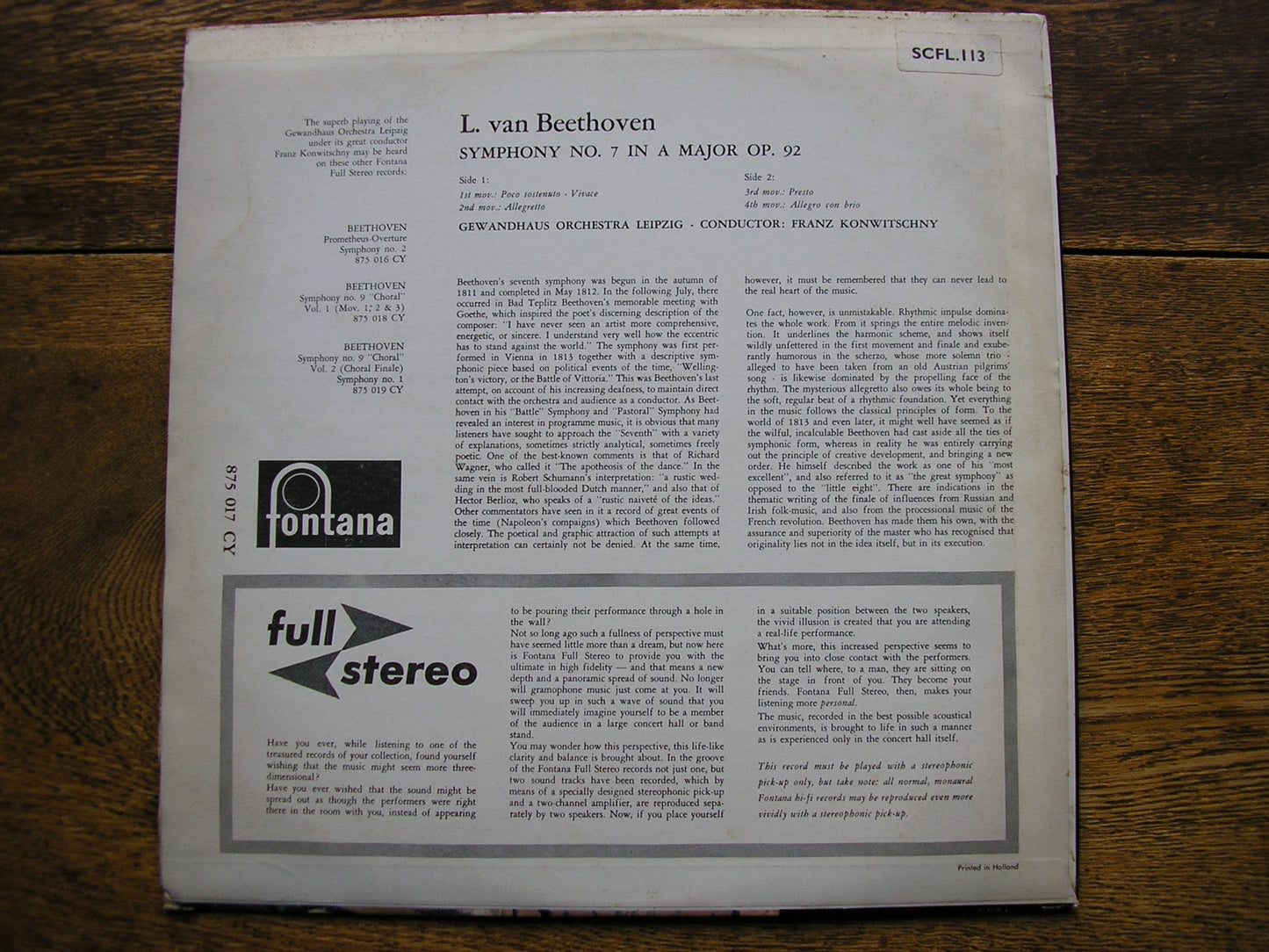 BEETHOVEN: SYMPHONY No. 7  KONWITSCHNY / LEIPZIG GEWANDHAUS   SCFL 113