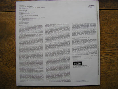 STRAVINSKY: THE RITE OF SPRING / EIGHT INSTRUMENTAL MINIATURES   MEHTA / LOS ANGELES PHILHARMONIC  SXL 6444