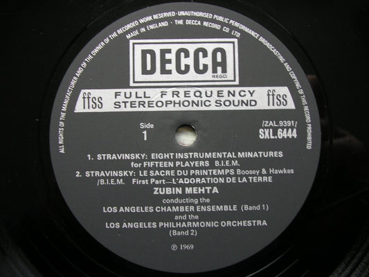 STRAVINSKY: THE RITE OF SPRING / EIGHT INSTRUMENTAL MINIATURES   MEHTA / LOS ANGELES PHILHARMONIC  SXL 6444