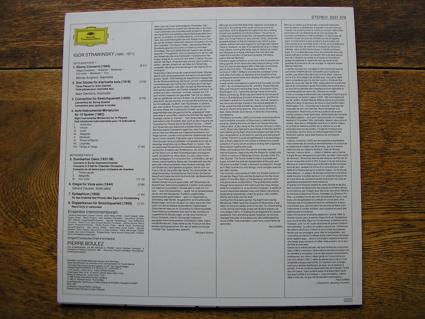 STRAVINSKY: EBONY CONCERTO / DUMBARTON OAKS   BOULEZ / ENSEMBLE INTERCONTEMPORAIN   2531 378