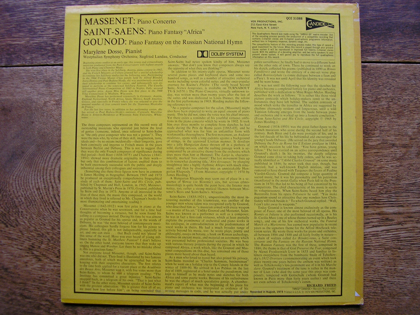 MASSENET: PIANO CONCERTO / SAINT-SAENS: FANTASY 'AFRICA' / GOUNOD: FANTASY   DOSSE / WESTPHALIAN SYMPHONY / LANDAU  QCE 31088