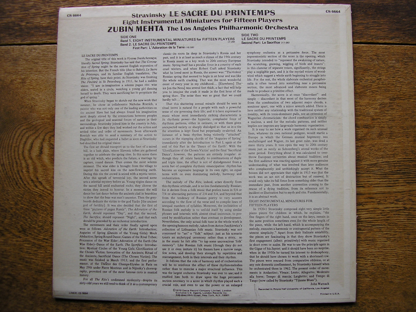 STRAVINSKY: THE RITE OF SPRING / 8 INSTRUMENTAL MINIATURES   MEHTA / LOS ANGELES PHILHARMONIC   CS 6664