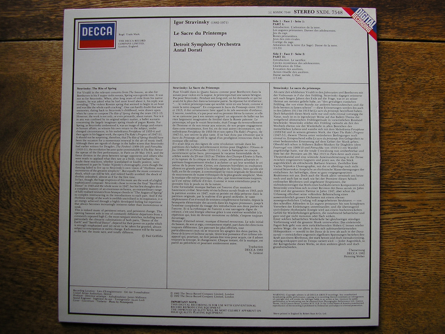 STRAVINSKY: THE RITE OF SPRING  DORATI / DETROIT SYMPHONY  SXDL 7548
