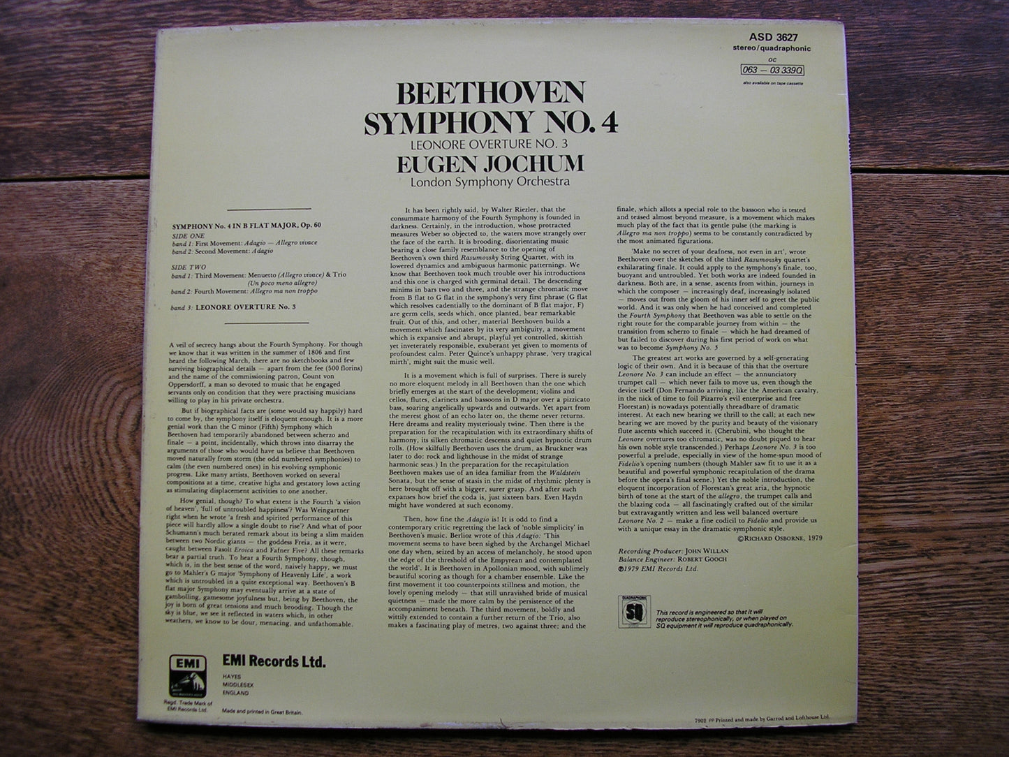 BEETHOVEN: SYMPHONY No. 4 / LEONORA No. 3   JOCHUM / LONDON SYMPHONY  ASD 3627