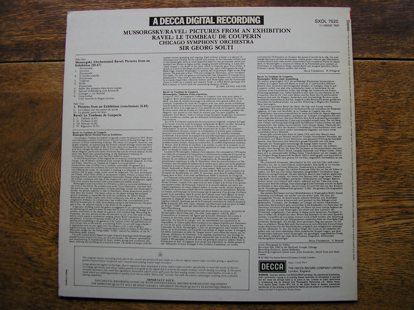MUSSORGSKY: PICTURES AT AN EXHIBITION / RAVEL: LE TOMBEAU   SOLTI / CHICAGO SYMPHONY  SXDL 7520