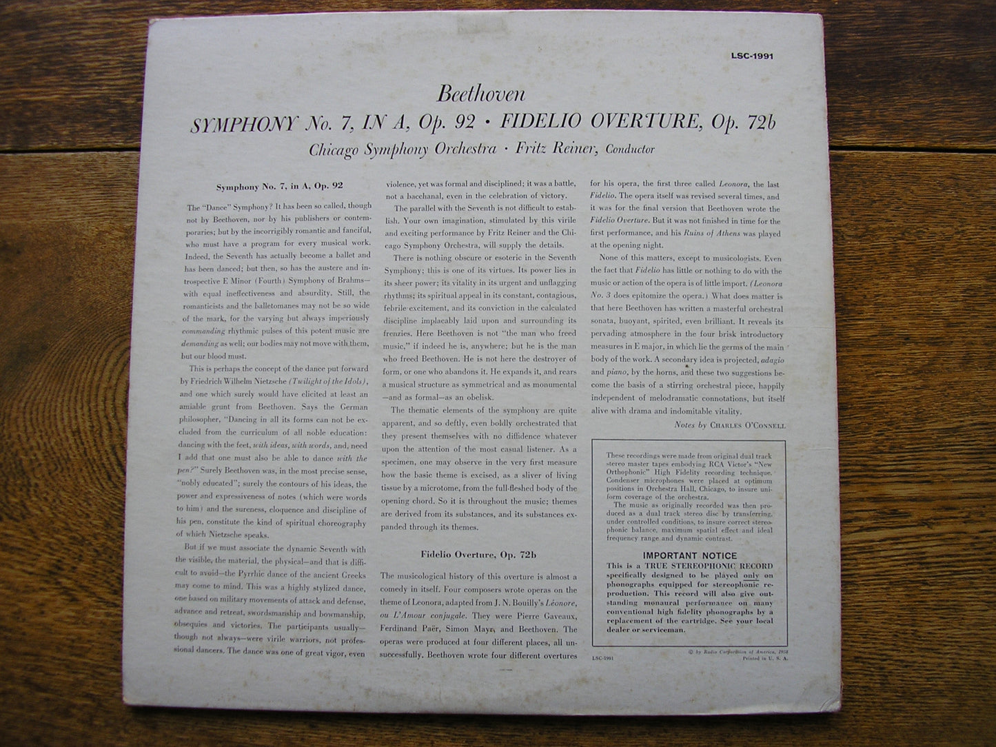 BEETHOVEN: SYMPHONY No. 7 / FIDELIO OVERTURE   REINER / CHICAGO SYMPHONY   LSC 1991