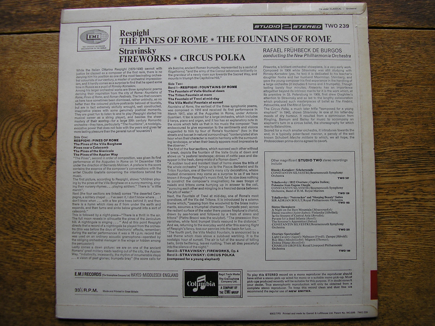 RESPIGHI: PINES OF ROME / FOUNTAINS OF ROME / STRAVINSKY: CIRCUS POLKA / FIREWORKS    DE BURGOS / NEW PHILHARMONIA   TWO 239