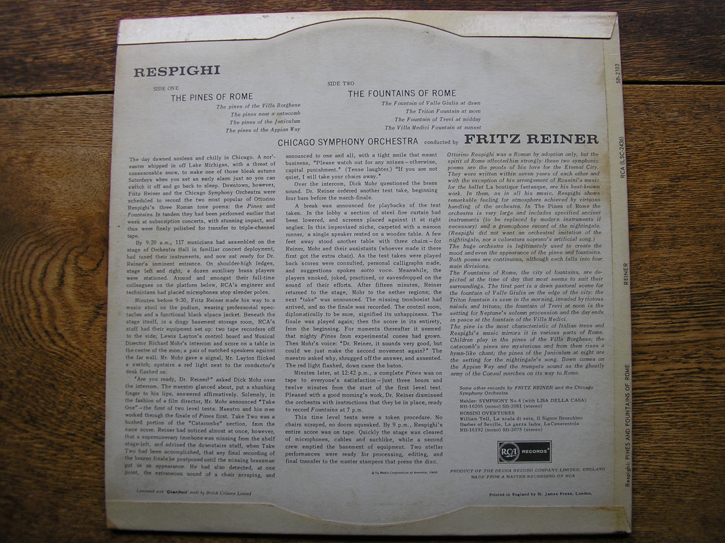 RESPIGHI: PINES OF ROME / FOUNTAINS OF ROME   REINER / CHICAGO SYMPHONY  SB 2103