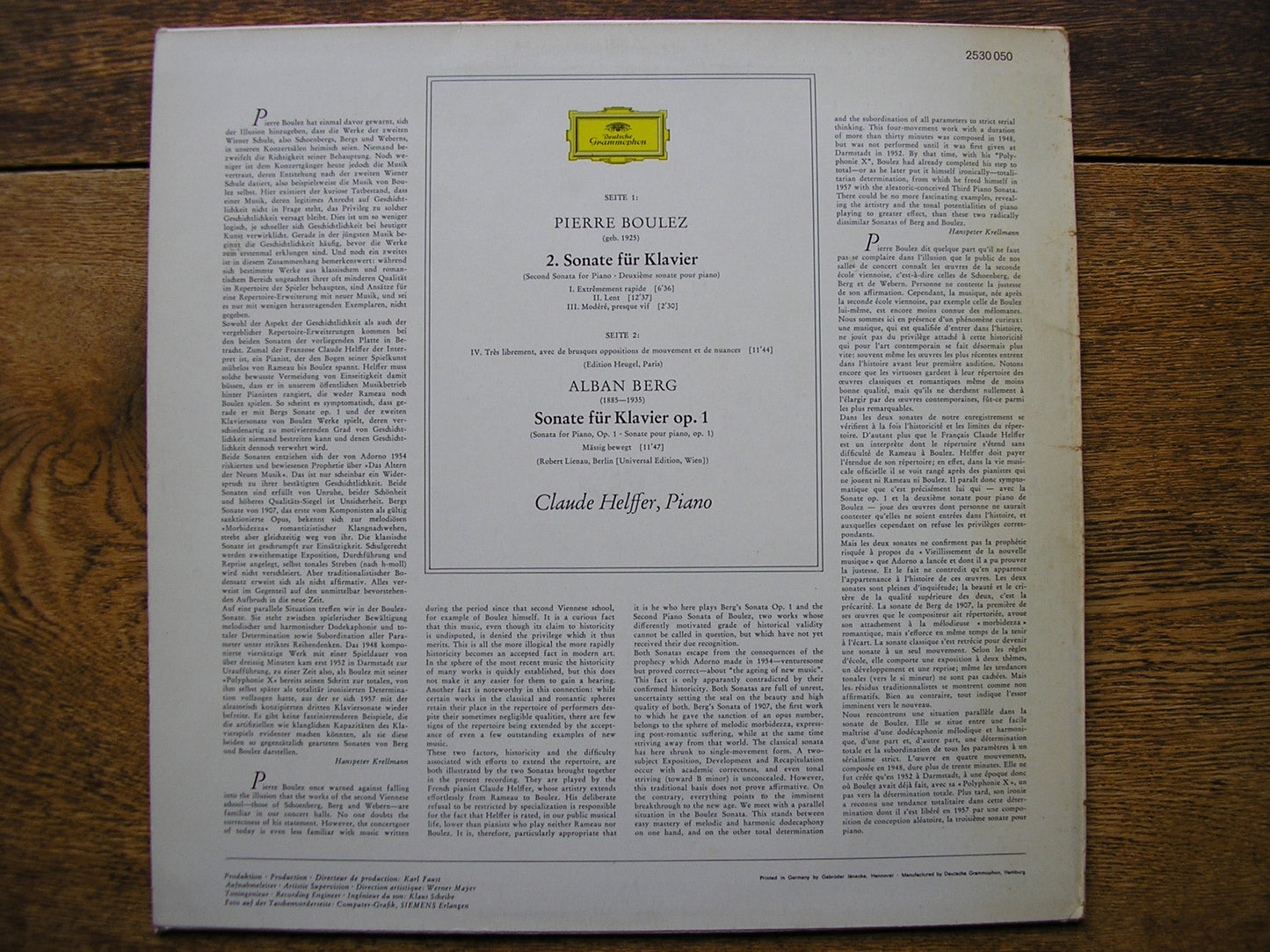 BERG: PIANO SONATA Op. 1 / BOULEZ: PIANO SONATA No. 2    CLAUDE HELFFER    2530 050