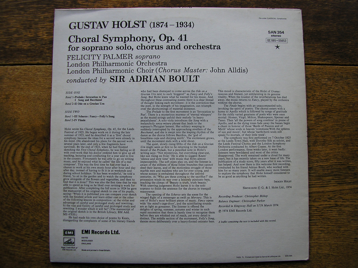 HOLST: CHORAL SYMPHONY   PALMER / LONDON PHILHARMONIC ORCHESTRA / BOULT  SAN 354
