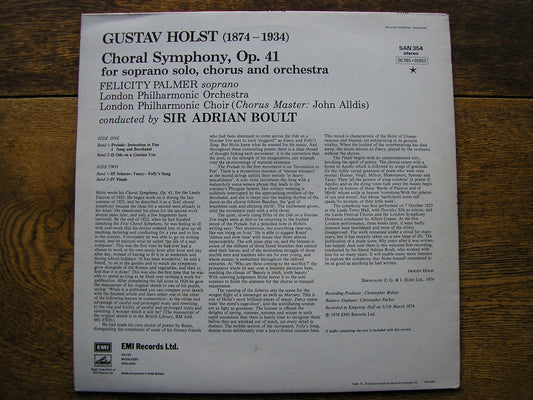 HOLST: CHORAL SYMPHONY   PALMER / LONDON PHILHARMONIC ORCHESTRA / BOULT  SAN 354