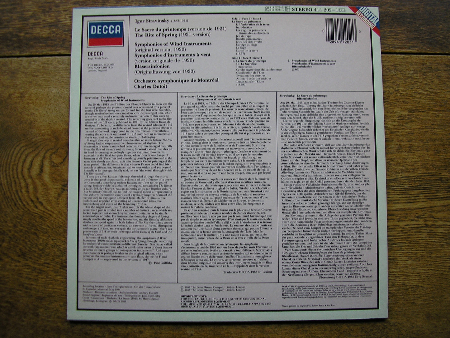 STRAVINSKY: THE RITE OF SPRING / SYMPHONIES OF WIND INSTRUMENTS   DUTOIT / MONTREAL SYMPHONY  414 202