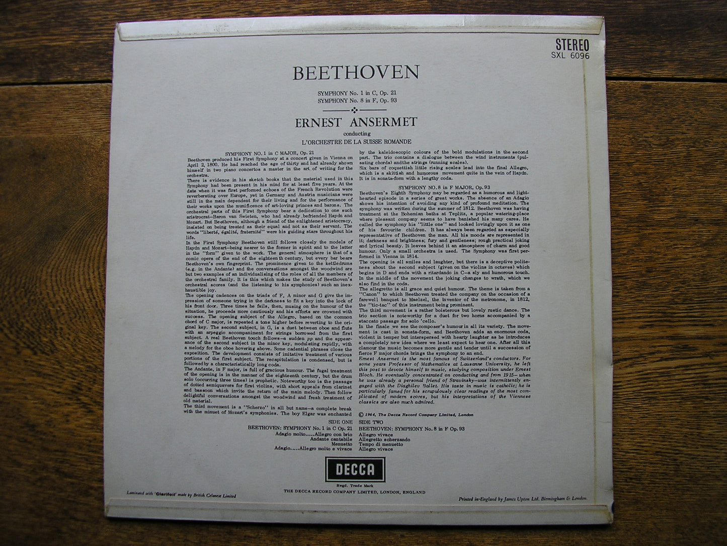 BEETHOVEN: SYMPHONIES Nos. 1 & 8  ANSERMET / SUISSE ROMANDE  SXL 6096