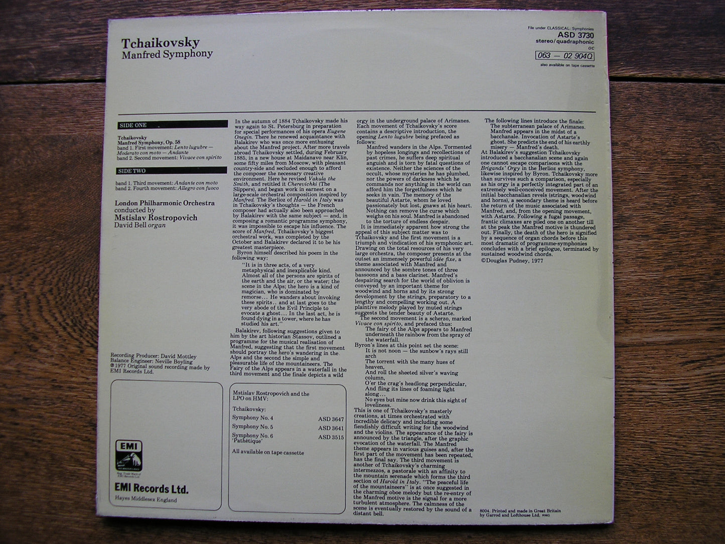TCHAIKOVSKY: MANFRED   ROSTROPOVICH / LONDON PHILHARMONIC   ASD 3730