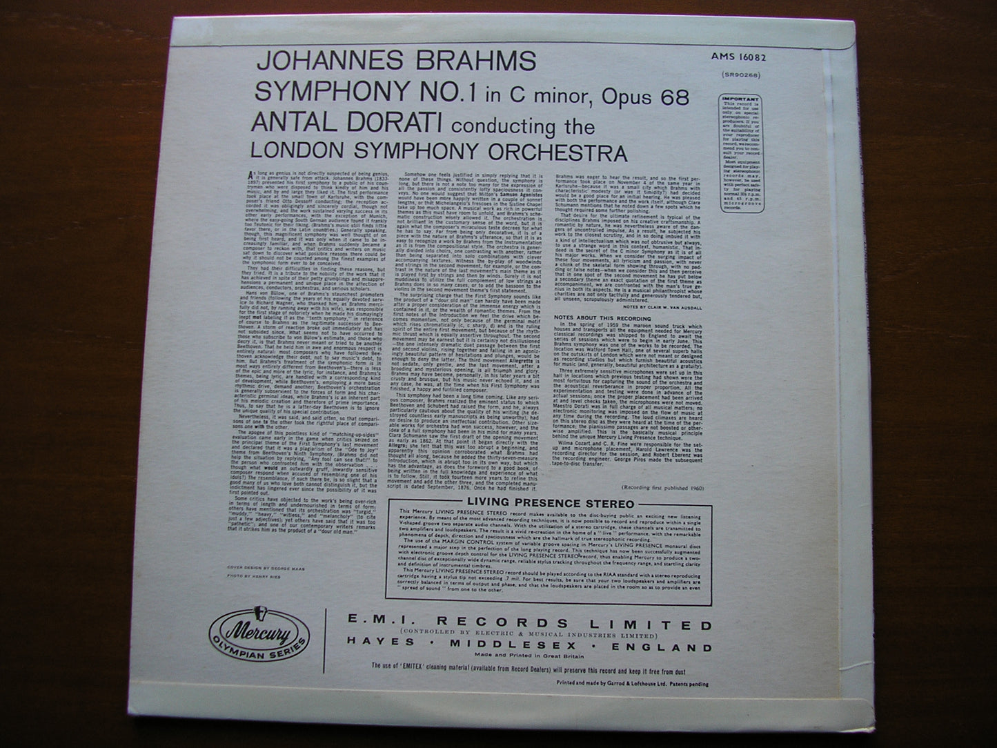 BRAHMS: SYMPHONY No. 1   DORATI / LONDON SYMPHONY     AMS 16082